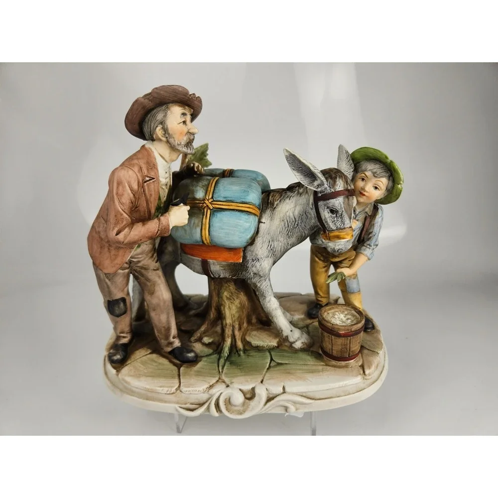 Vintage Set of 2 Donkey Cart Figurines Man Boy Far Donkey Scene‎ Rustic See Desc